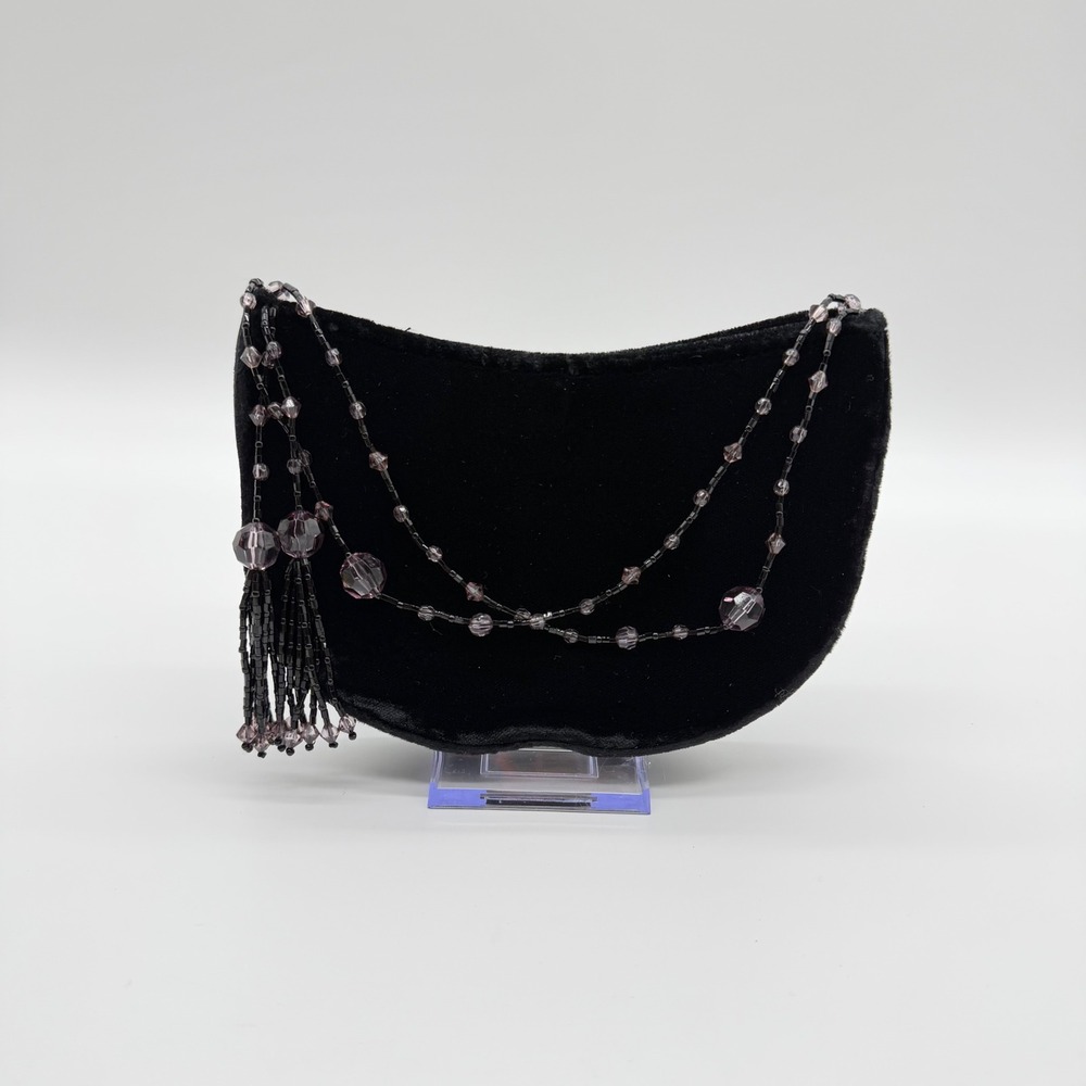 Vintage La Regale Black Velvet Beaded Tassel Crescent Evening Bag Purple Beads